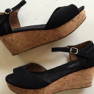 Tom's Black Suede/ Cork Flatform Wedges